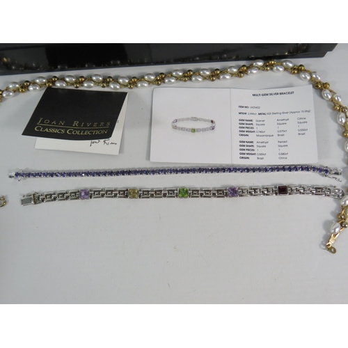 185 - 925 Sterling silver multi gem set bracelet, Joan Rivers tennis bracelet and a faux pearl necklace.