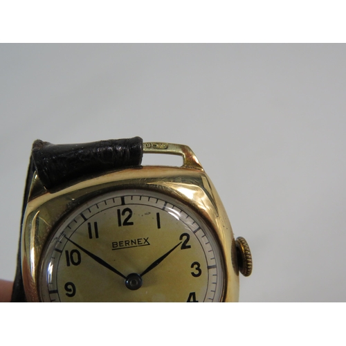 193 - Vintage 1940s Bernex 9ct gold mechanical wristwatch with leather strap in running order.