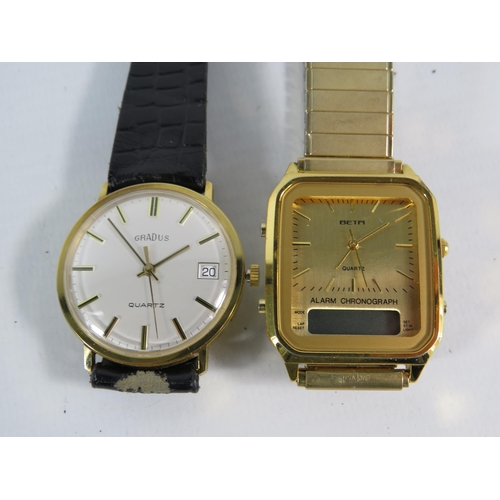 198 - Two Gents quartz wristwatches by Beta and Gradus, both require new batteries to run.