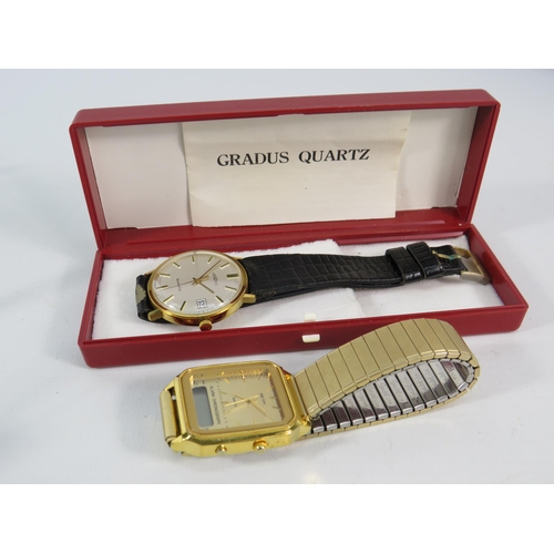 198 - Two Gents quartz wristwatches by Beta and Gradus, both require new batteries to run.