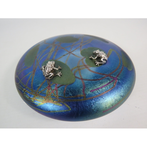 206 - Large John Ditchfield Glasform iridescent glass paperweight with two silver frogs on lily pads, 5