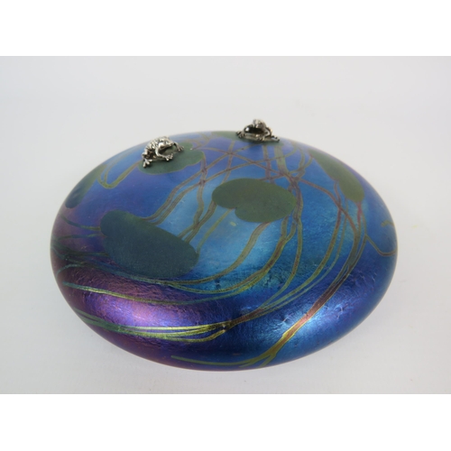 206 - Large John Ditchfield Glasform iridescent glass paperweight with two silver frogs on lily pads, 5