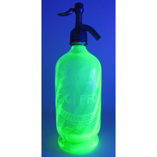 222 - French Uranium glass soda syphon G Giffon, 11 3/4