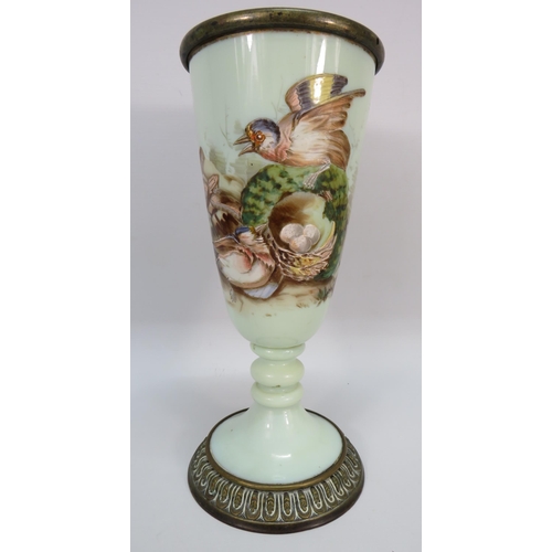 226 - Large victorian brass lined and footed opaline hand painted uranium glass vase, 12.5