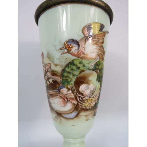 226 - Large victorian brass lined and footed opaline hand painted uranium glass vase, 12.5