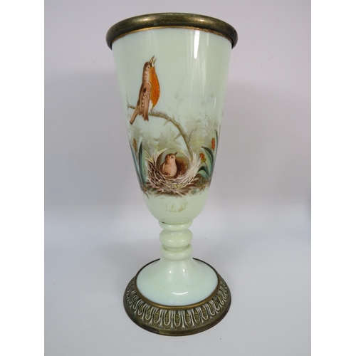 226 - Large victorian brass lined and footed opaline hand painted uranium glass vase, 12.5