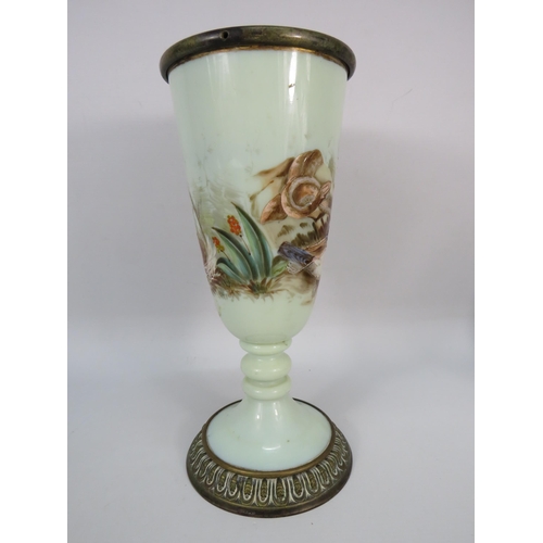 226 - Large victorian brass lined and footed opaline hand painted uranium glass vase, 12.5