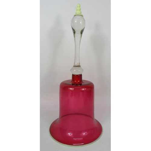 230 - Large Victorian cranberry glass bell with uranium glass tip and rim, 14.5