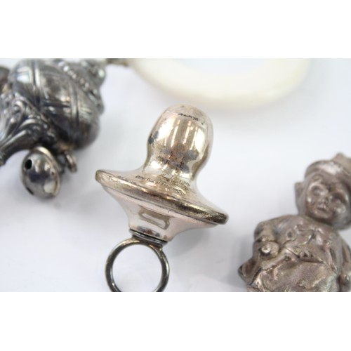 612 - 3 x Antique / Vintage .925 Sterling Silver Baby Rattles Inc MOP Etc (55g) 2331470