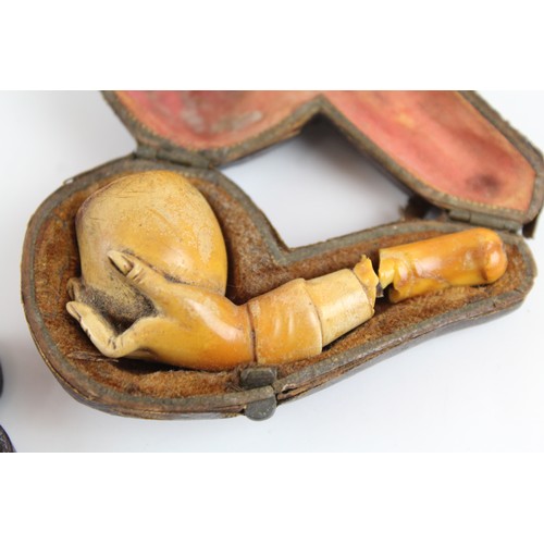 631 - Antique Meerschaum Pipes Inc Hands, Cased x 3 (SOME DAMAGE) 575783