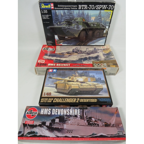 809 - Four Boxed Plastic scale model Kits of Tanks and Warships. All in unused condition with original box... 