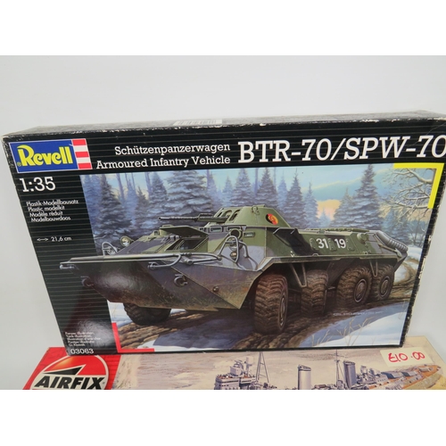 809 - Four Boxed Plastic scale model Kits of Tanks and Warships. All in unused condition with original box... 