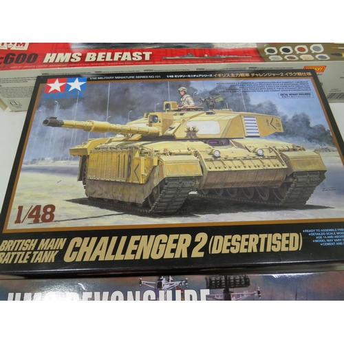 809 - Four Boxed Plastic scale model Kits of Tanks and Warships. All in unused condition with original box... 