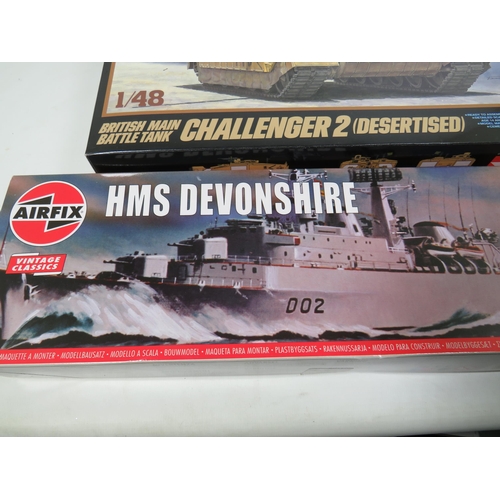 809 - Four Boxed Plastic scale model Kits of Tanks and Warships. All in unused condition with original box... 