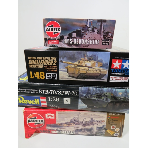 809 - Four Boxed Plastic scale model Kits of Tanks and Warships. All in unused condition with original box... 