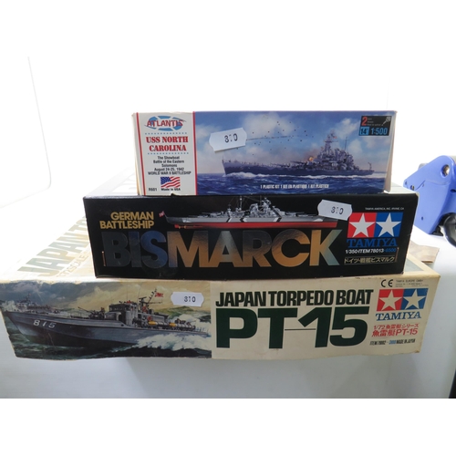 810 - Three Large Plastic Scale Model Kits of Warships by Revell & Tamiya. All in unused condition with or... 