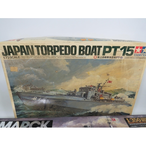 810 - Three Large Plastic Scale Model Kits of Warships by Revell & Tamiya. All in unused condition with or... 