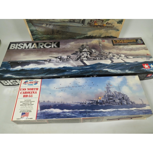 810 - Three Large Plastic Scale Model Kits of Warships by Revell & Tamiya. All in unused condition with or... 