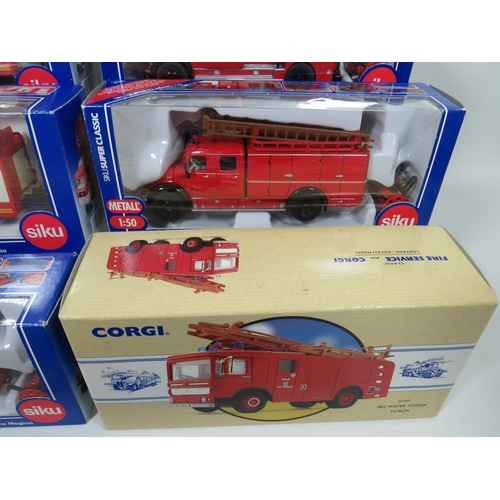 812 - Seven Siku 1:50 Scale Die Cast Scale Models of Fire Trucks plus two by Corgi classics . All in boxed... 