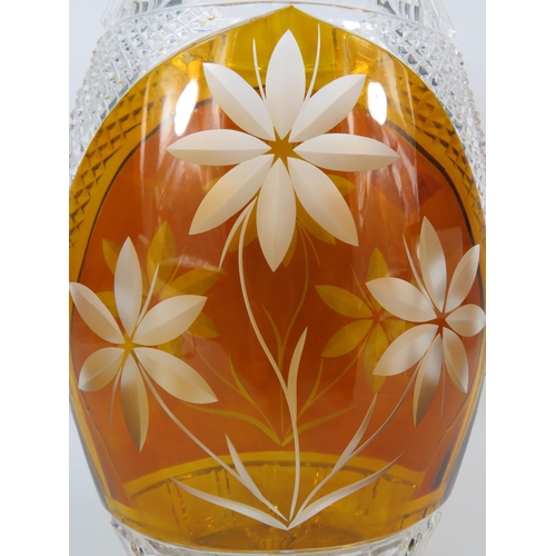 306 - Large Bohemian crystal amber cut to clear vase, flower design. 11 3/4