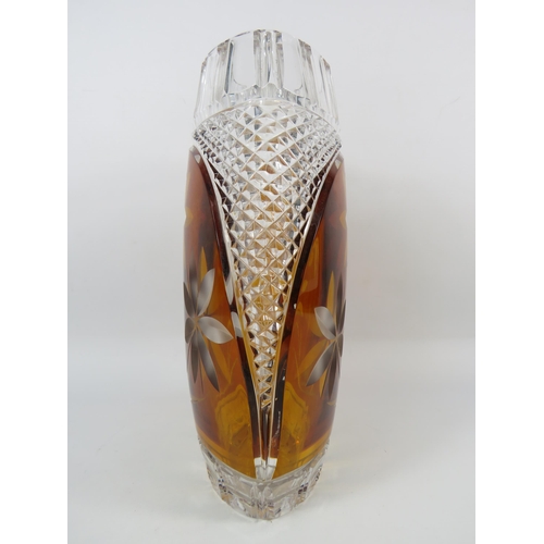 306 - Large Bohemian crystal amber cut to clear vase, flower design. 11 3/4