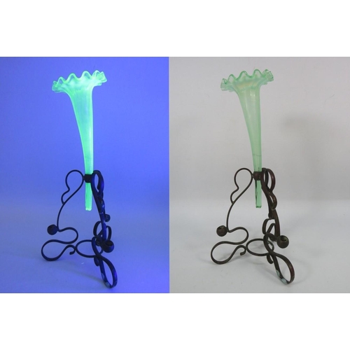 308 - Uranium glass Epergne vase in a metal stand, 12