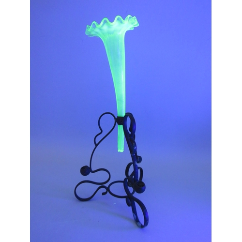 308 - Uranium glass Epergne vase in a metal stand, 12