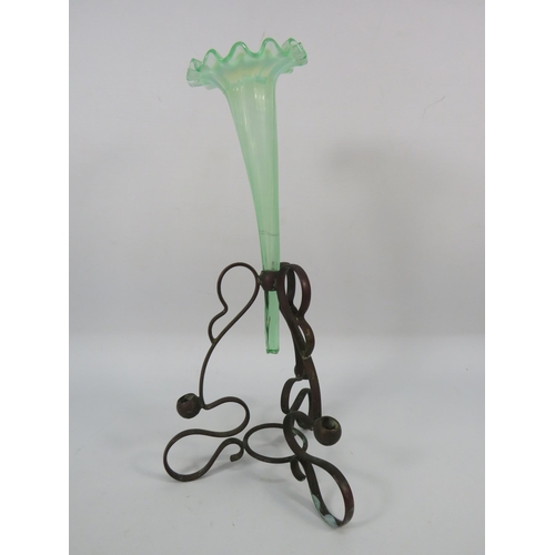 308 - Uranium glass Epergne vase in a metal stand, 12