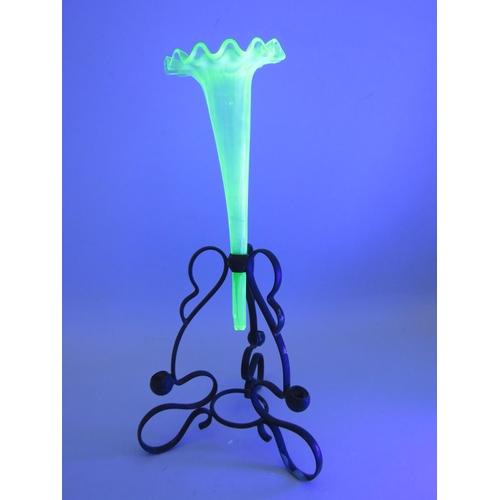 308 - Uranium glass Epergne vase in a metal stand, 12