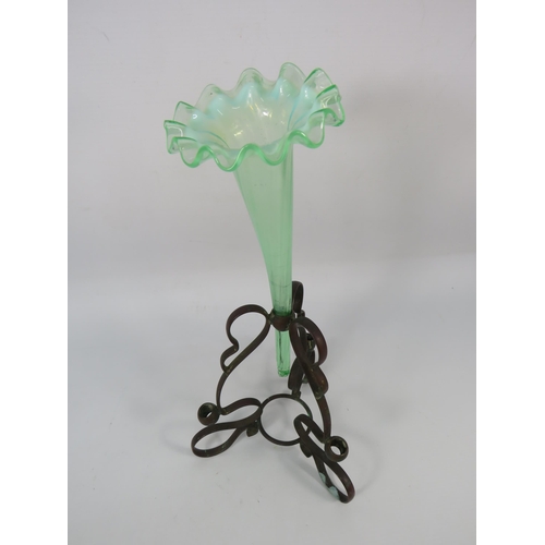 308 - Uranium glass Epergne vase in a metal stand, 12