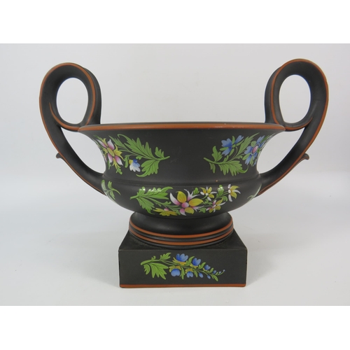 309 - Rare Wedgwood Basalt Capriware twin handle Bough pot hand decorated with flowers, 7.5