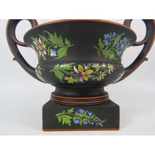 309 - Rare Wedgwood Basalt Capriware twin handle Bough pot hand decorated with flowers, 7.5