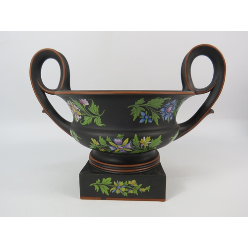 309 - Rare Wedgwood Basalt Capriware twin handle Bough pot hand decorated with flowers, 7.5