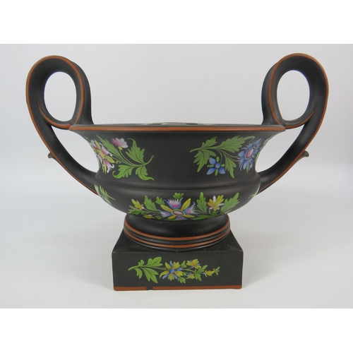 309 - Rare Wedgwood Basalt Capriware twin handle Bough pot hand decorated with flowers, 7.5