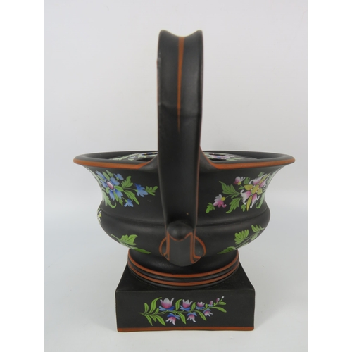 309 - Rare Wedgwood Basalt Capriware twin handle Bough pot hand decorated with flowers, 7.5