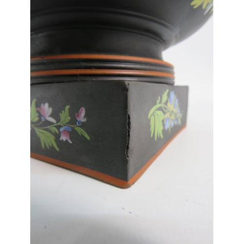 309 - Rare Wedgwood Basalt Capriware twin handle Bough pot hand decorated with flowers, 7.5