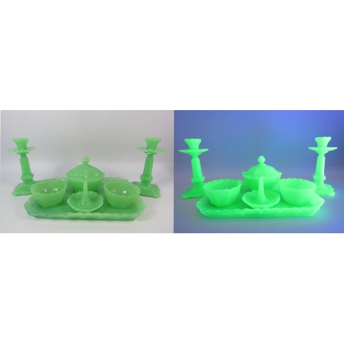 310 - Vintage art deco Czech uranium glass dressing table set. (chip to side of one of the powder bowls).