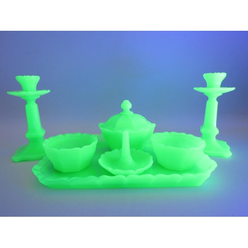 310 - Vintage art deco Czech uranium glass dressing table set. (chip to side of one of the powder bowls).