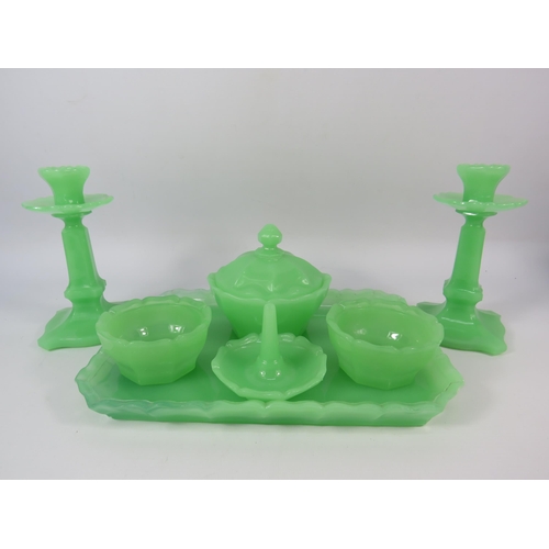 310 - Vintage art deco Czech uranium glass dressing table set. (chip to side of one of the powder bowls).