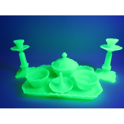 310 - Vintage art deco Czech uranium glass dressing table set. (chip to side of one of the powder bowls).