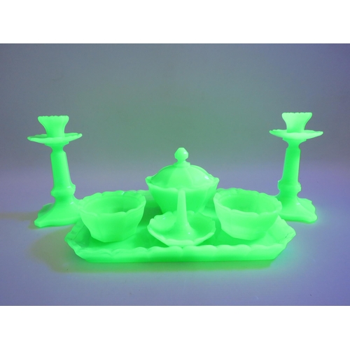 310 - Vintage art deco Czech uranium glass dressing table set. (chip to side of one of the powder bowls).