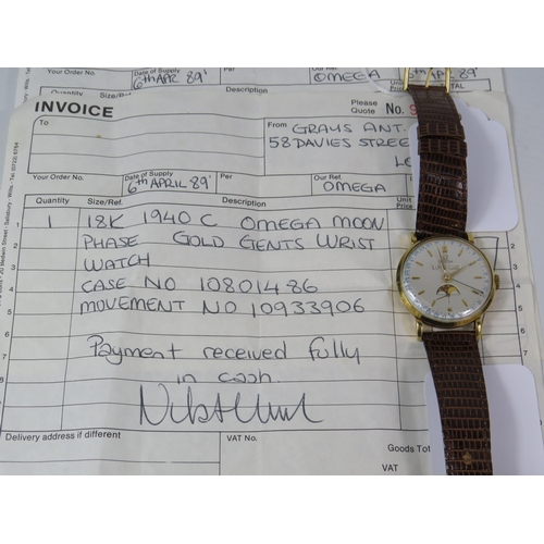 313 - 1944 Omega Cosmic triple date moonphase 18ct gold gents wristwatch, with receipts from 1989. Case No... 