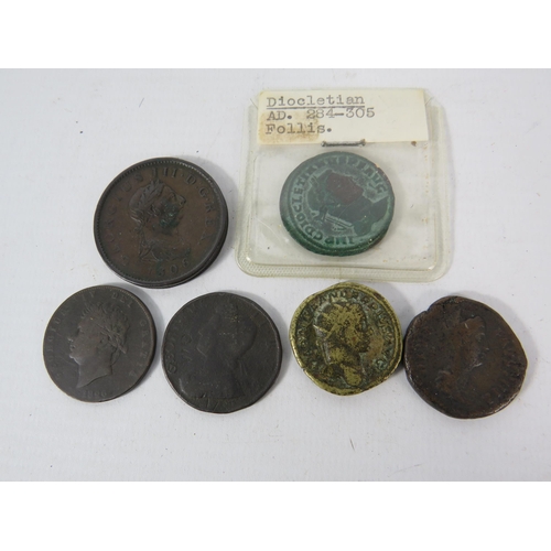 681 - Three Roman Coins Diocletian, Dupondius, Diva Faustina plus George II, III & IV Coins.