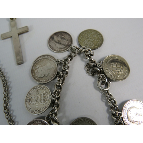 354 - Sterling silver coin bracelet (mainly pre 1922) plus a necklace and crucifix. 36.8 grams