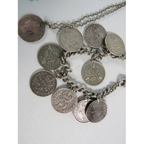 354 - Sterling silver coin bracelet (mainly pre 1922) plus a necklace and crucifix. 36.8 grams