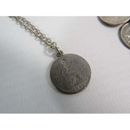 354 - Sterling silver coin bracelet (mainly pre 1922) plus a necklace and crucifix. 36.8 grams