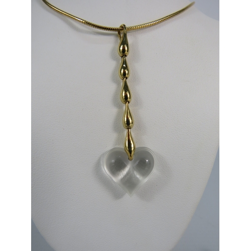 368 - Lalique frosted glass heart shaped pendant (signed) on a yellow metal chain.