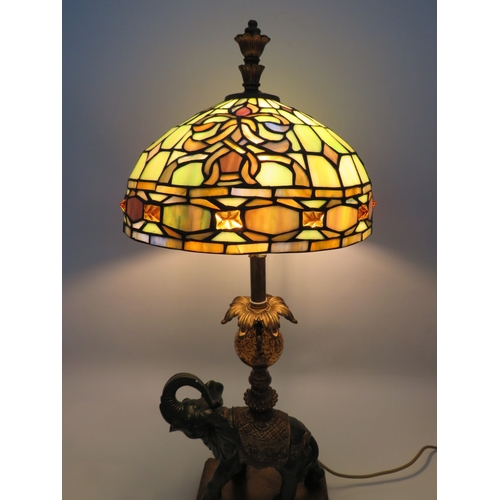 404 - Tiffany style table lamp with figural elephant base, 30