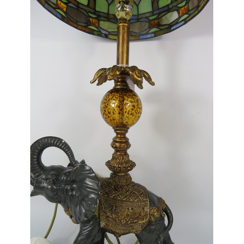 404 - Tiffany style table lamp with figural elephant base, 30