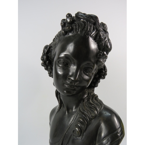 406 - Large French Bronze bust of a fruit maiden standing on a marble base, signed Louis Beatux. 19